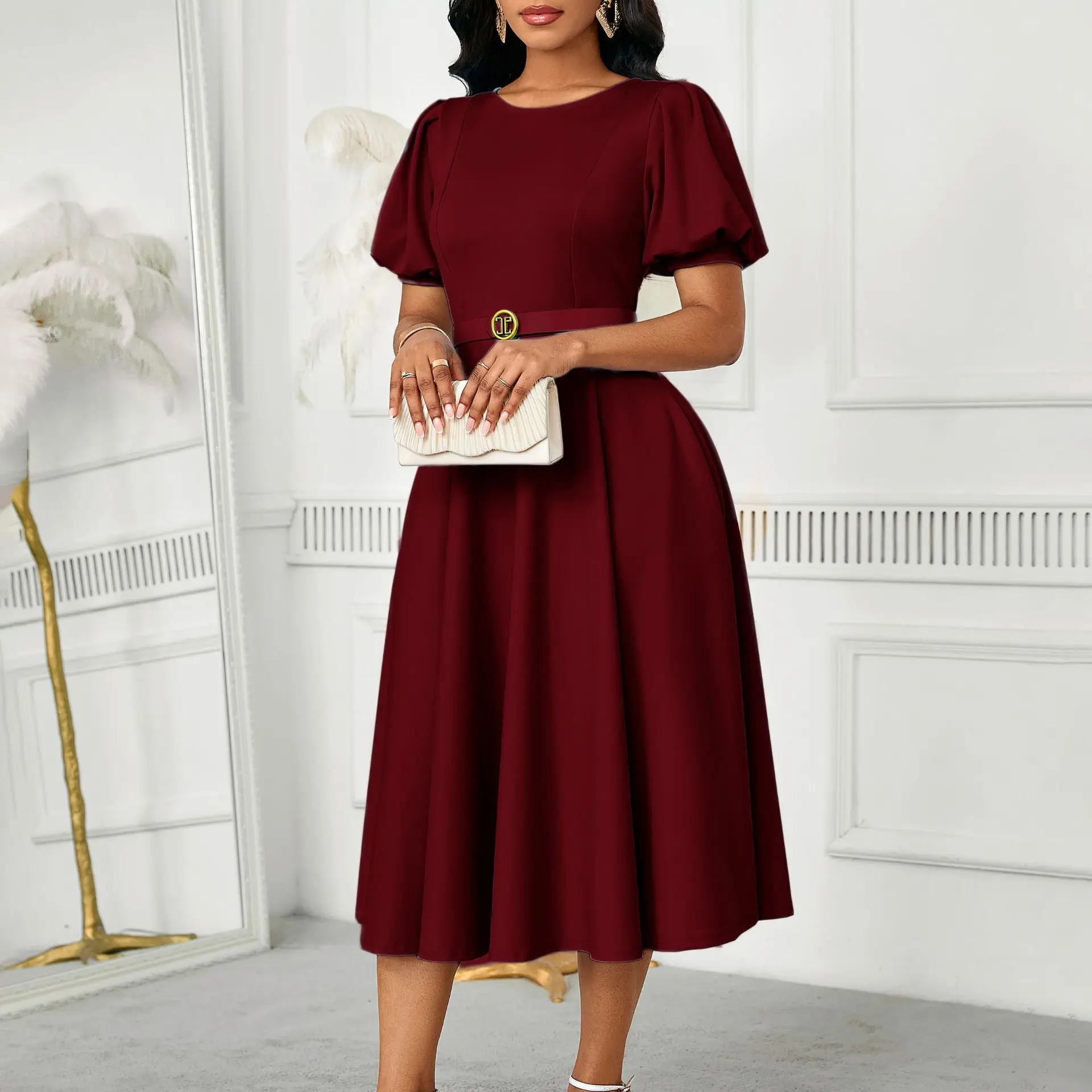 African Clothes for Women Autumn Fashion African Short Sleeve Polyester Party Evening Pleat Midi Dress Outfits Africa Clothing