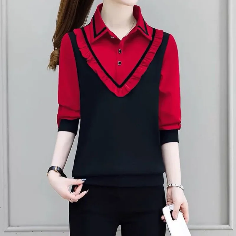 Fashion All-match Women\'s Long Sleeve Patchwork Shirt Spring Autumn Korean Casual Fake Two Pieces Polo-Neck Blouse for Female