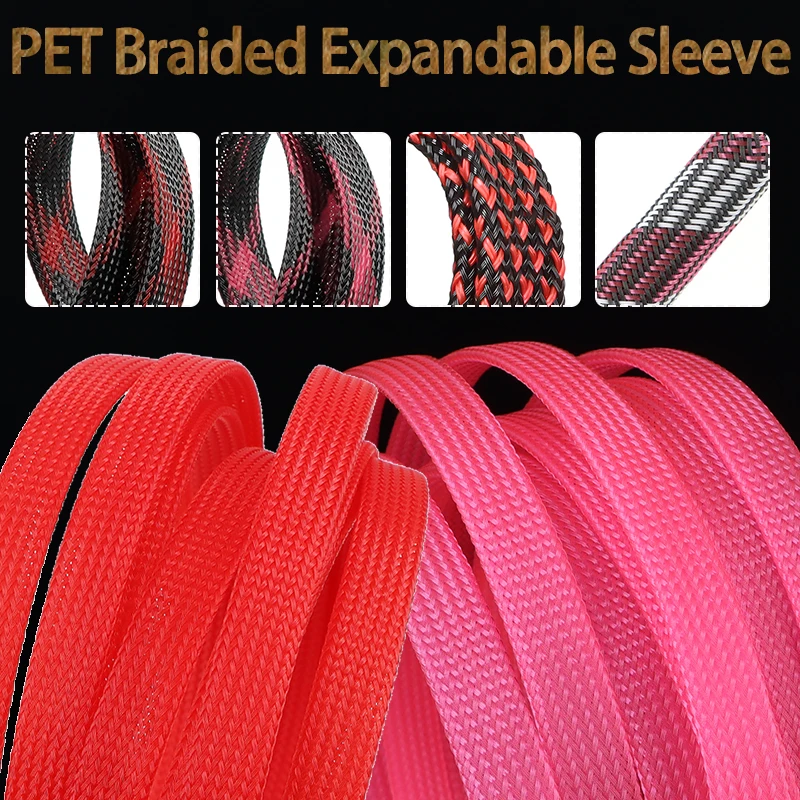 5 Meter flexibler PET-Geflechtschlauch, 2 mm–20 mm, rot, rosa, Nylon, hohe Dichte, erweiterbar, isolierter Kabelschutz, Wickelschlauch