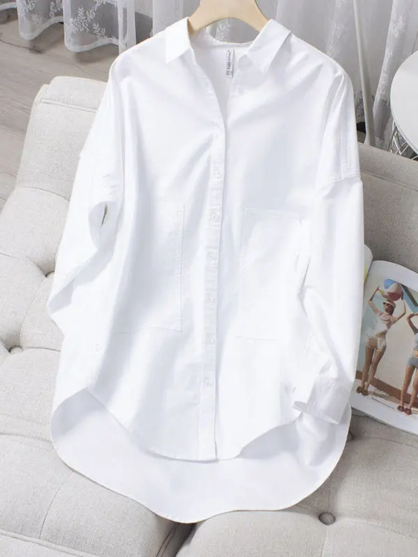 

Spring Faion Large Size Mid-Length White irt Women's Versatile Slimming Cotton Collar Button Detail Korean Sle
