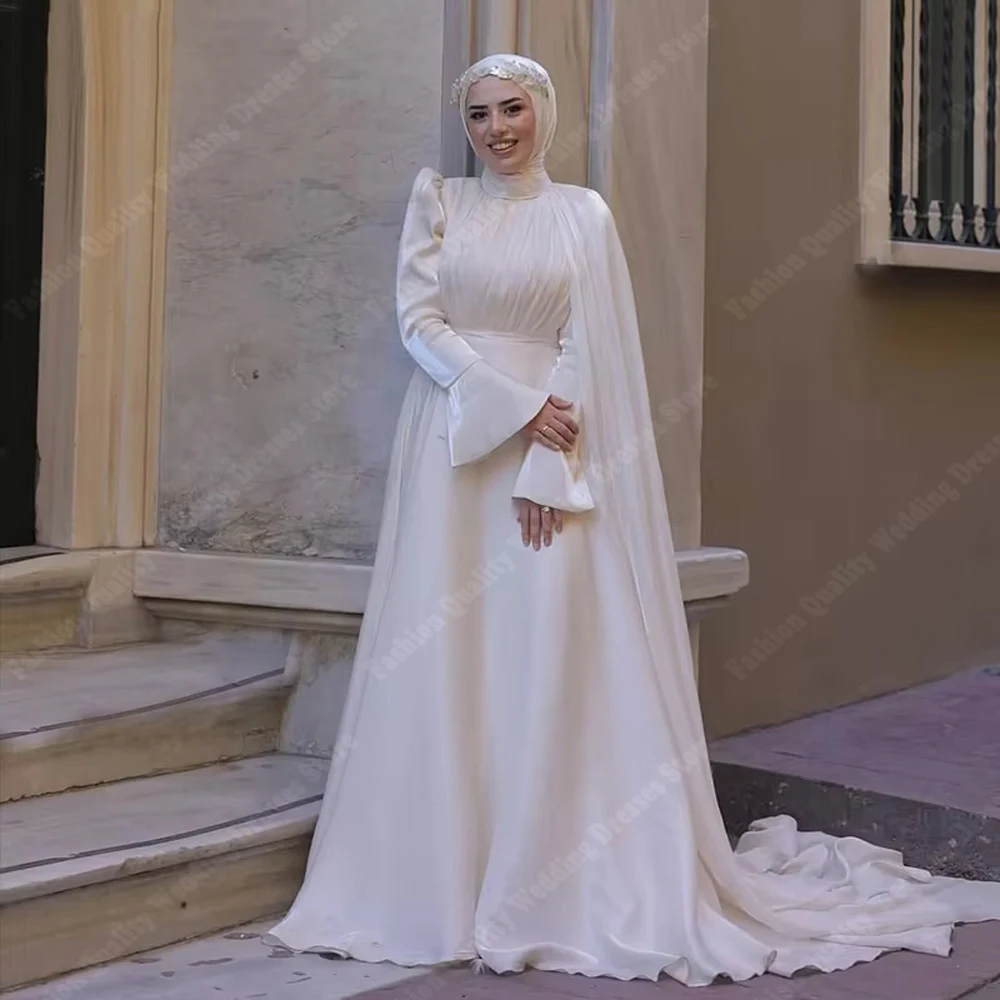 Romantique A-ligne Blanc Robes De Mariée Musulmanes Robes De Fiesta Manches Longues Robes De Bal Boule De Gaze فساتmaveraPersonnalisé 2025