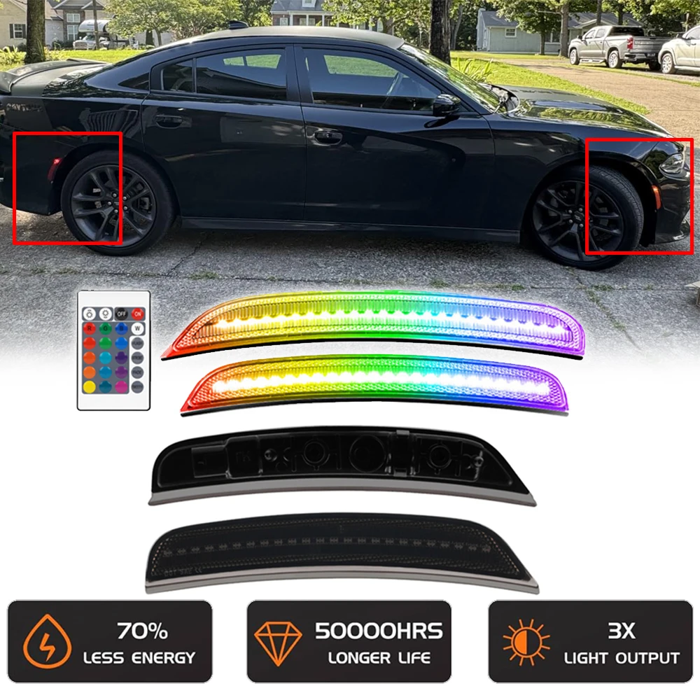 

4 шт. RGB переднее и заднее крыло, светодиодный боковой габаритный фонарь для Dodge Charger 2015-2023, Стайлинг автомобиля, автозапчасти, аксессуары, многоцветный