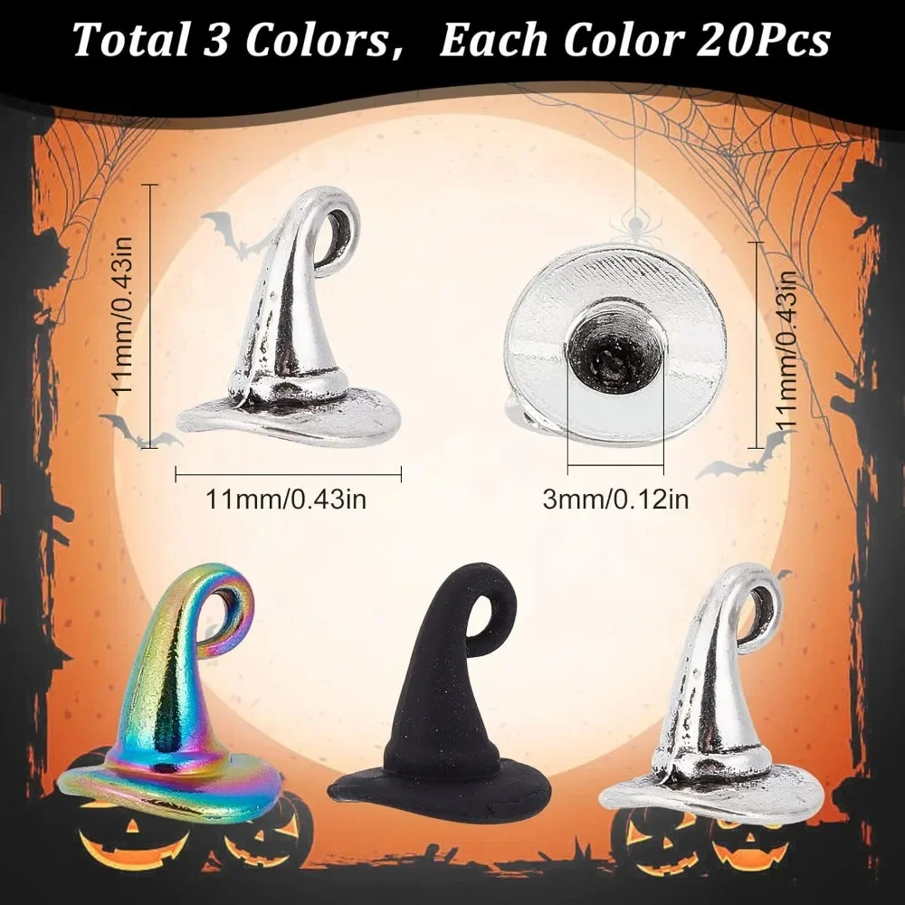 1 Box 60Pcs 3 Style Wizard Hat Charms Witch Hat Charm Halloween Imitation Black Magic Hats Charms Antique Silver Rainbow