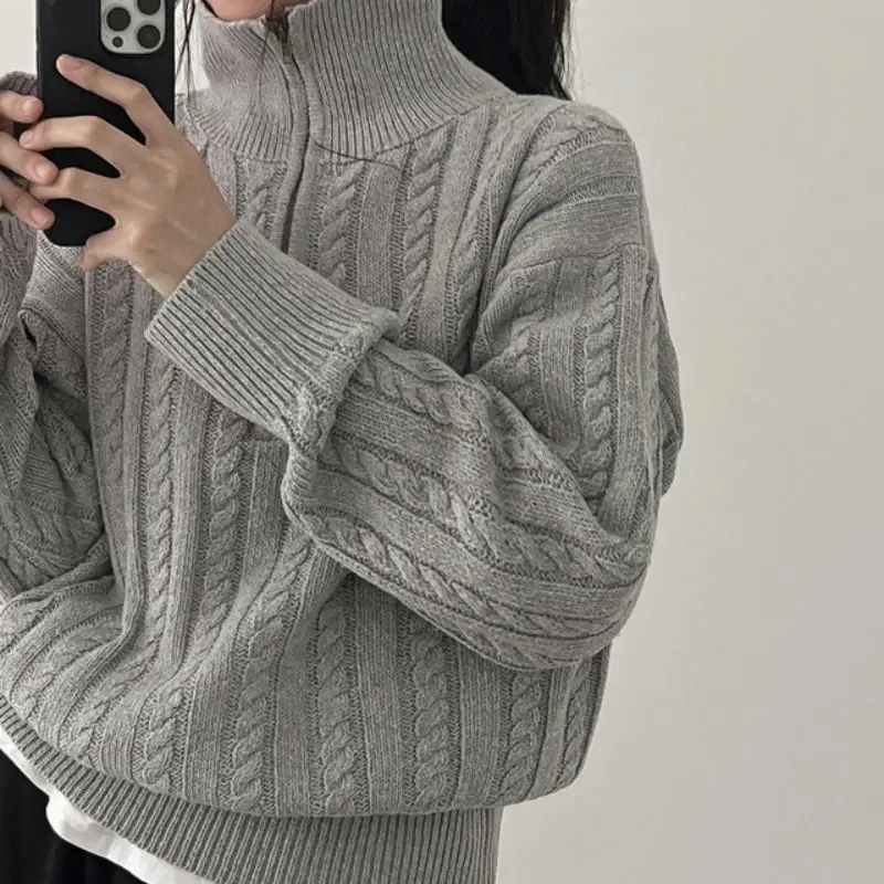 Vintage Half Zipper Oversized Sweater Twists Pull Femme Sueters De Mujer Pullover Winter Clothes Women Jumper Casual Tops