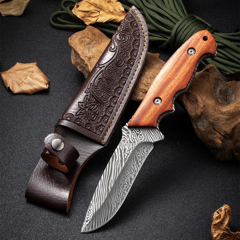 1pc, outdoor straight knife martensitic stainless steel solid wood handle, suitable for outdoor kitchen family camping, barbecue