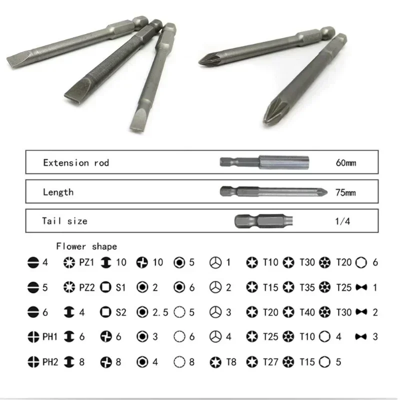 Imagem -02 - Extra Long Reach Bit Conjunto Chave de Fenda de Segurança Hex Bit Bits Chave de Fenda Phillips Star 50 Pcs 75 mm