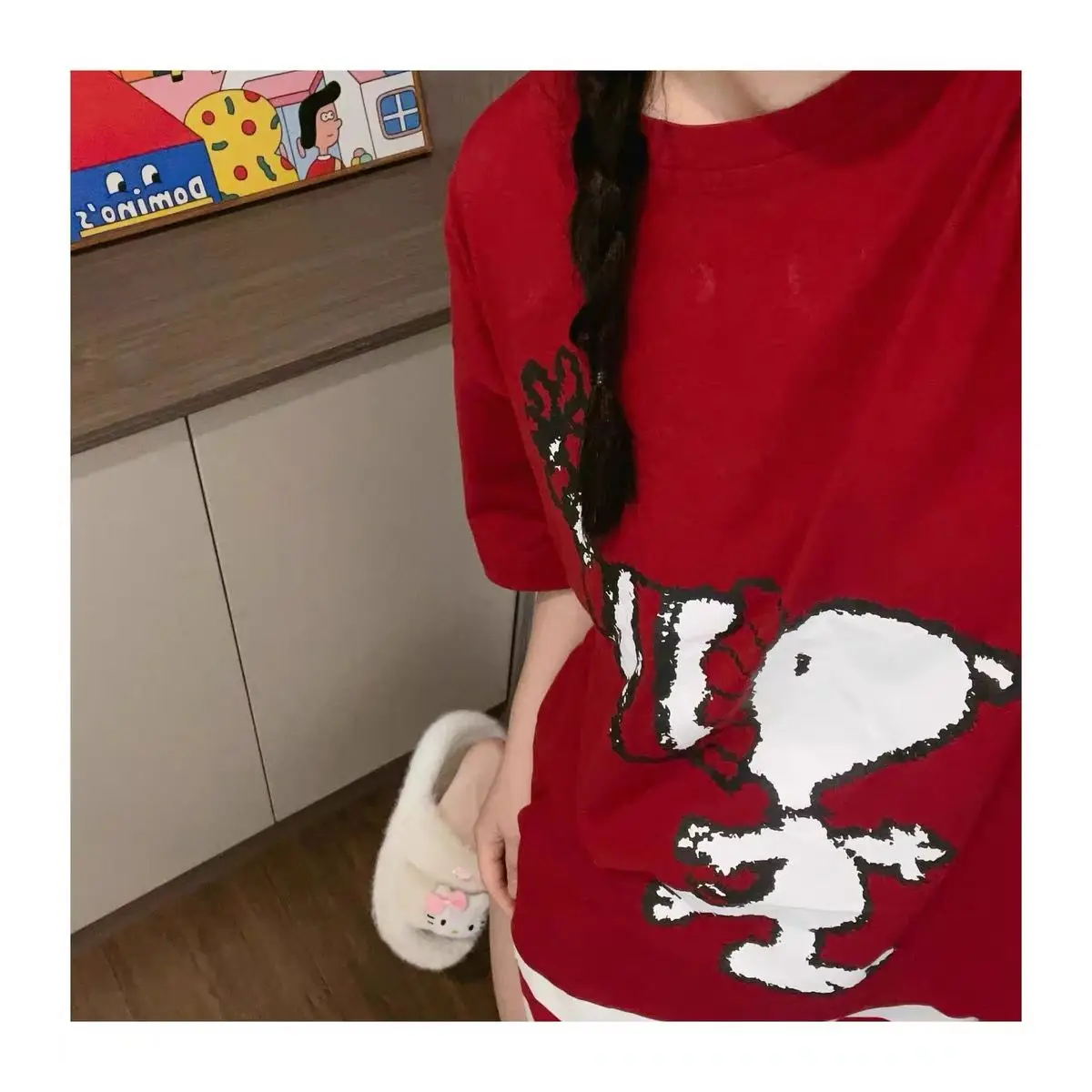 

Милые красные пижамы из чистого хлопка с рисунком Снупи, креативные повседневные шорты Kawaii для девочек с короткими рукавами, полосатая домашняя одежда, подарок, оптовая продажа