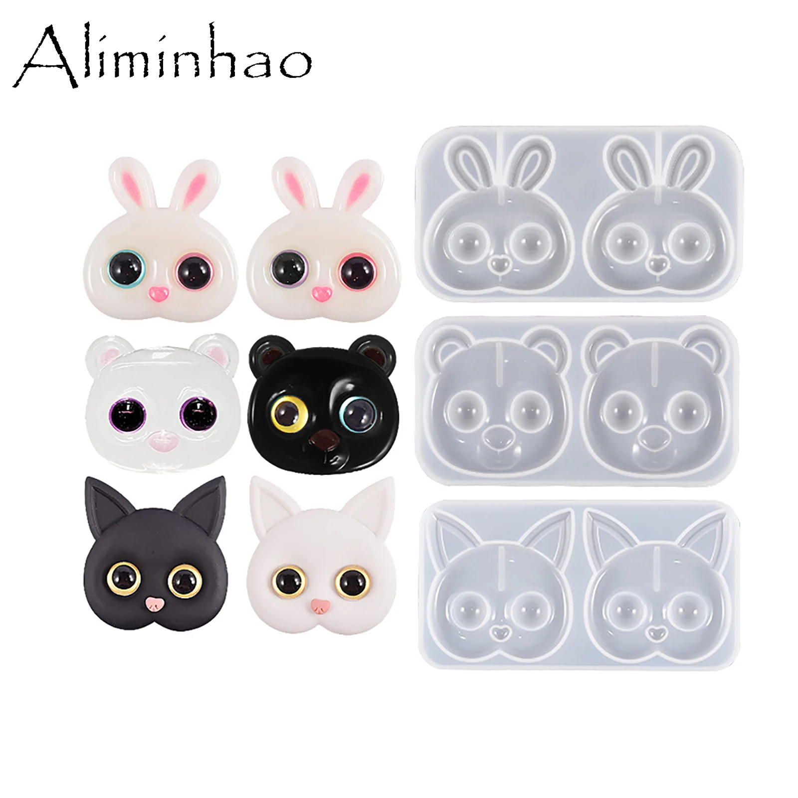 M0057 DIY Resin Phone Grip Molds Bear Rabbit Cat Head Silicone Mold for Badge Reel, Chocolate Fondant for Cake