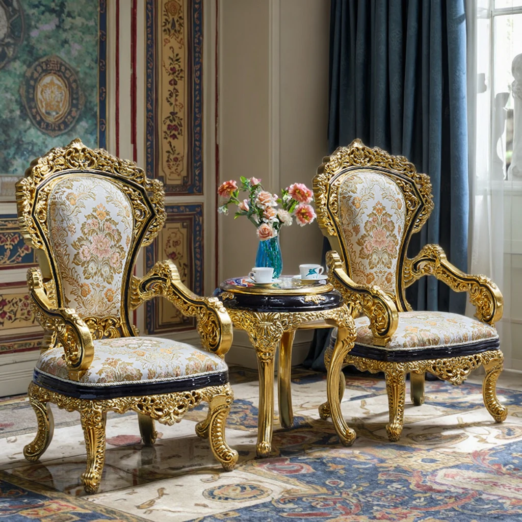 

#French Romantic Luxury Solid Wood Gold Foil Hand-Painted Carved Living Room Balcony Leisure Fabric Sofa Conference Room Chair