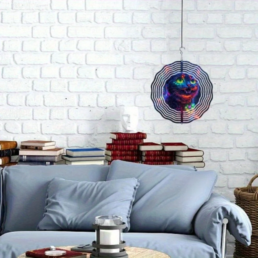 Campanella a vento in metallo con gatto blu ad energia solare (Sorriso misterioso) |   Decorazione da appendere |   Regalo ideale per Halloween e Natale