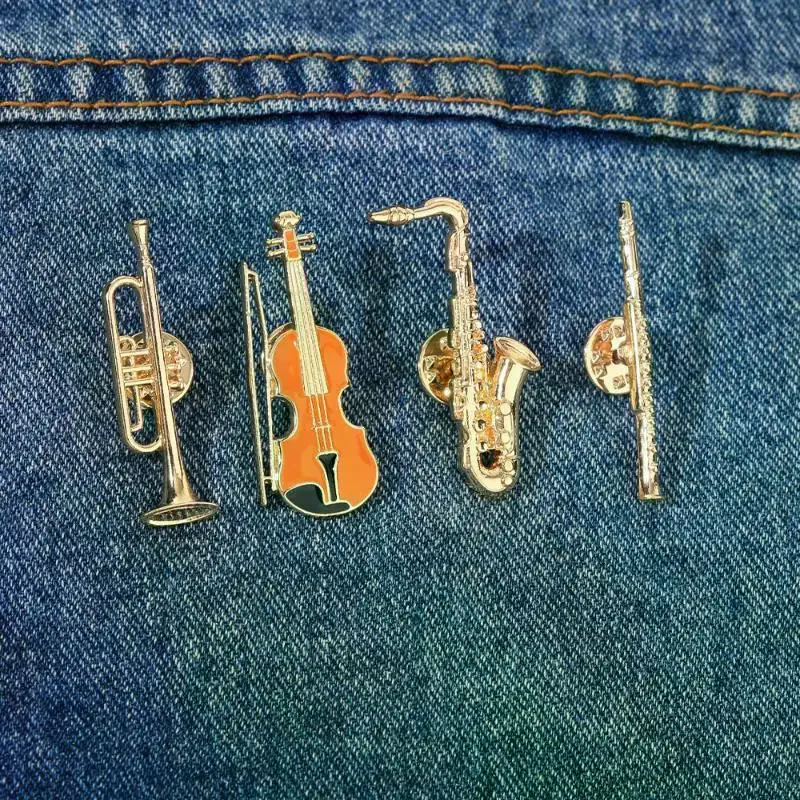 1Pcs Symphony Orchestra Badge Funny Musical Instruments Enamel Brooches Trumpet Clarinet Saxophone Violin Shaped Golden Pins