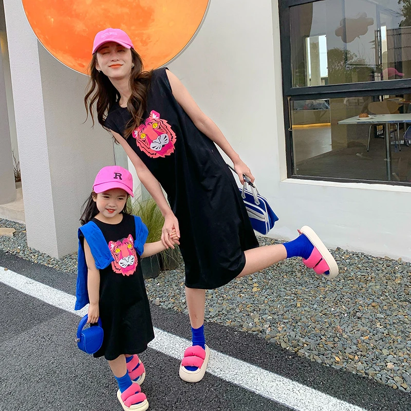 Parent-child Wear Mother and Daughter Korean Version Casual Vest Skirt Net Red Pink Tiger Head Print Long T-shirt Skirt Summer