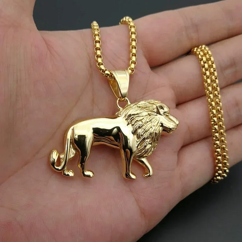 Hip Hop Golden African Lion Animal Necklace Pendant Punk Style Men's Motorcycle Party Jewelry