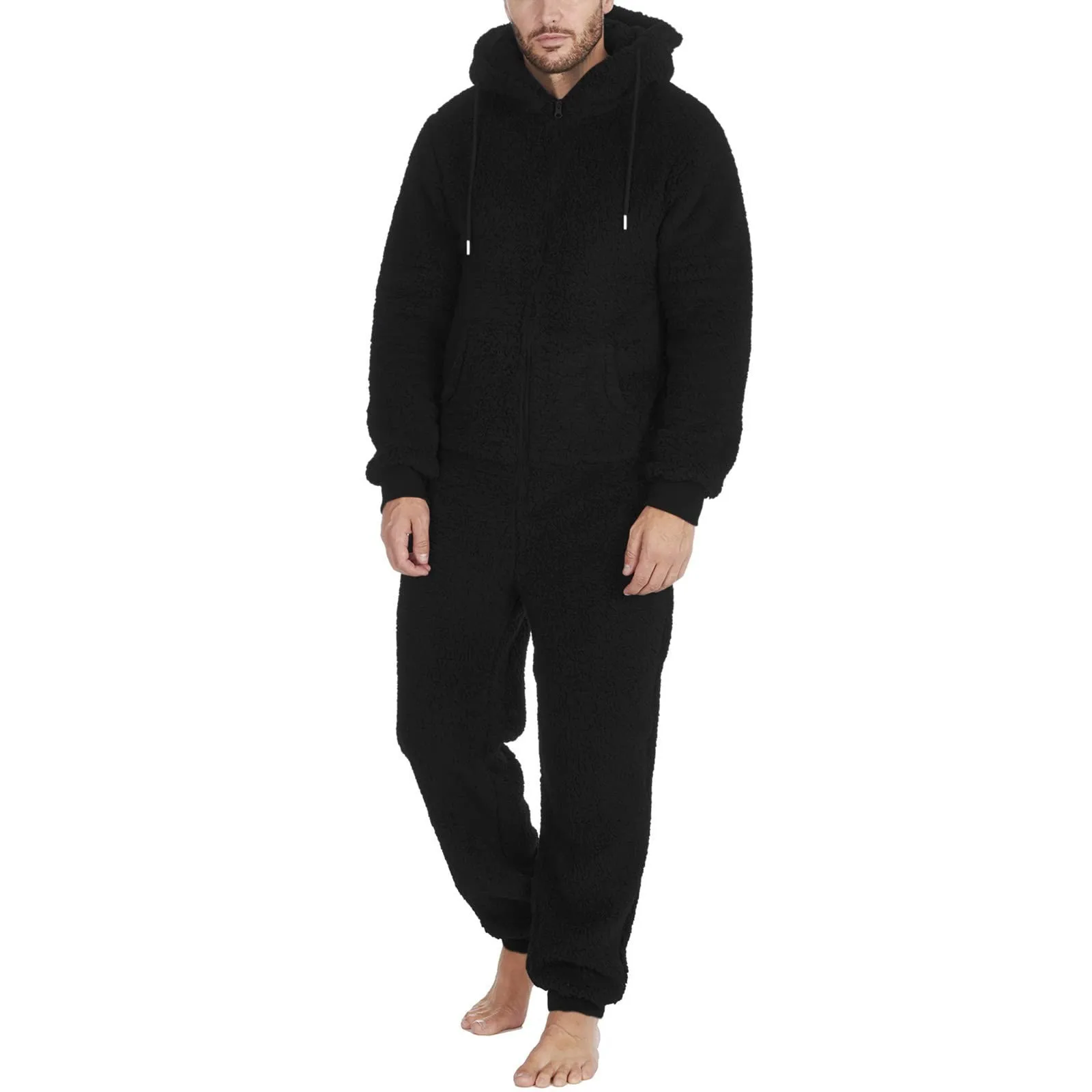 Plus 5xl Men Winter Pajamas New Pocket Zipper Long Sleeve Warm Plush Jumpsuit Pajamas Solid Hooded Drawstring Onesies 2023