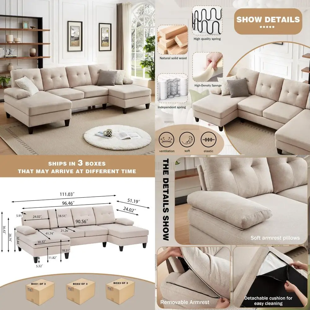 

Modern 4-Seater U-Shaped Polyester Sofa with Double Chaise for Living Room