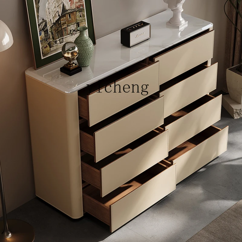 

XL natural marble chest cabinet, bedroom high TV cabinet, saddle leather locker, bedside storage side cabinet