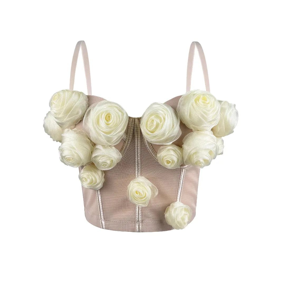 

customized Women's adult French three-dimensional flower suspender top sexy high-end mesh gathered fishbone bra external wear