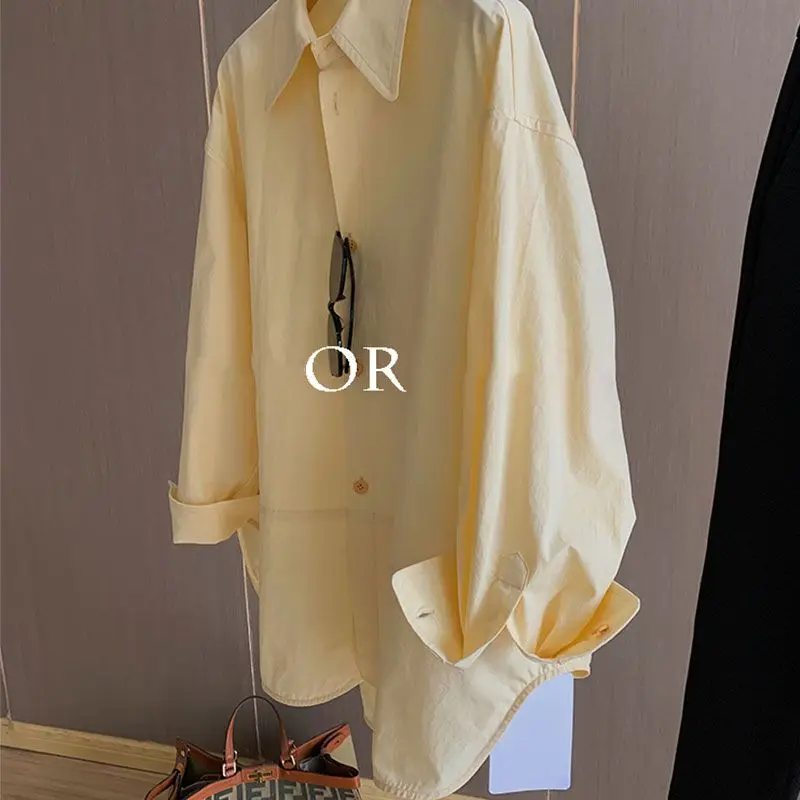 Yellow Cotton Loose Shirt For Women\'s 2024 Spring Korean Version With  Design Sense Of Front Short Back Long Sleeved Top