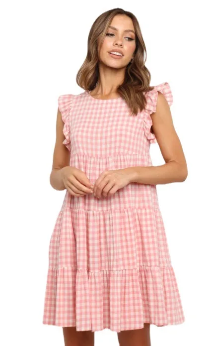 Vestido de maternidad con volantes para mujer, ropa a cuadros, cuello redondo, informal, suelto, manga de mariposa, corto, ropa de embarazo