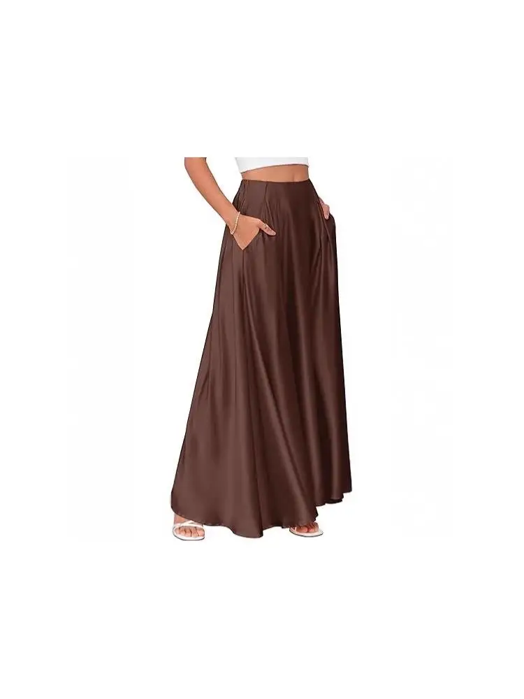 Elegant Women's Satin Half Skirt Spring Summer New Style Pure Color Drifting Professional Pocket Long Skirt Vintage Design