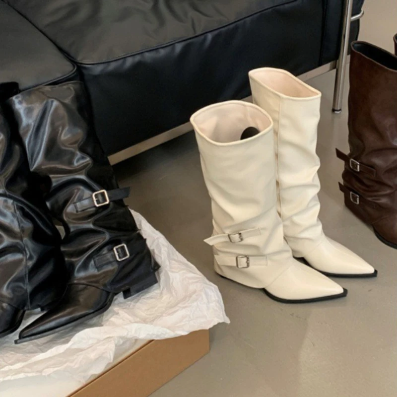 

Women Pointed Knee Belt Buckle High Boots Women Chunky Heel Thigh-high Boots Women Trend Leather Chelsea Boots Winter Fashion