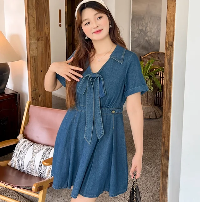 حجم كبير المرأة الصيف الحلو عالية الخصر ألف خط الرجعية الدنيم فستان مزاجه الخامس الرقبة القوس كلية نمط الأزرق مطوي فساتين #2