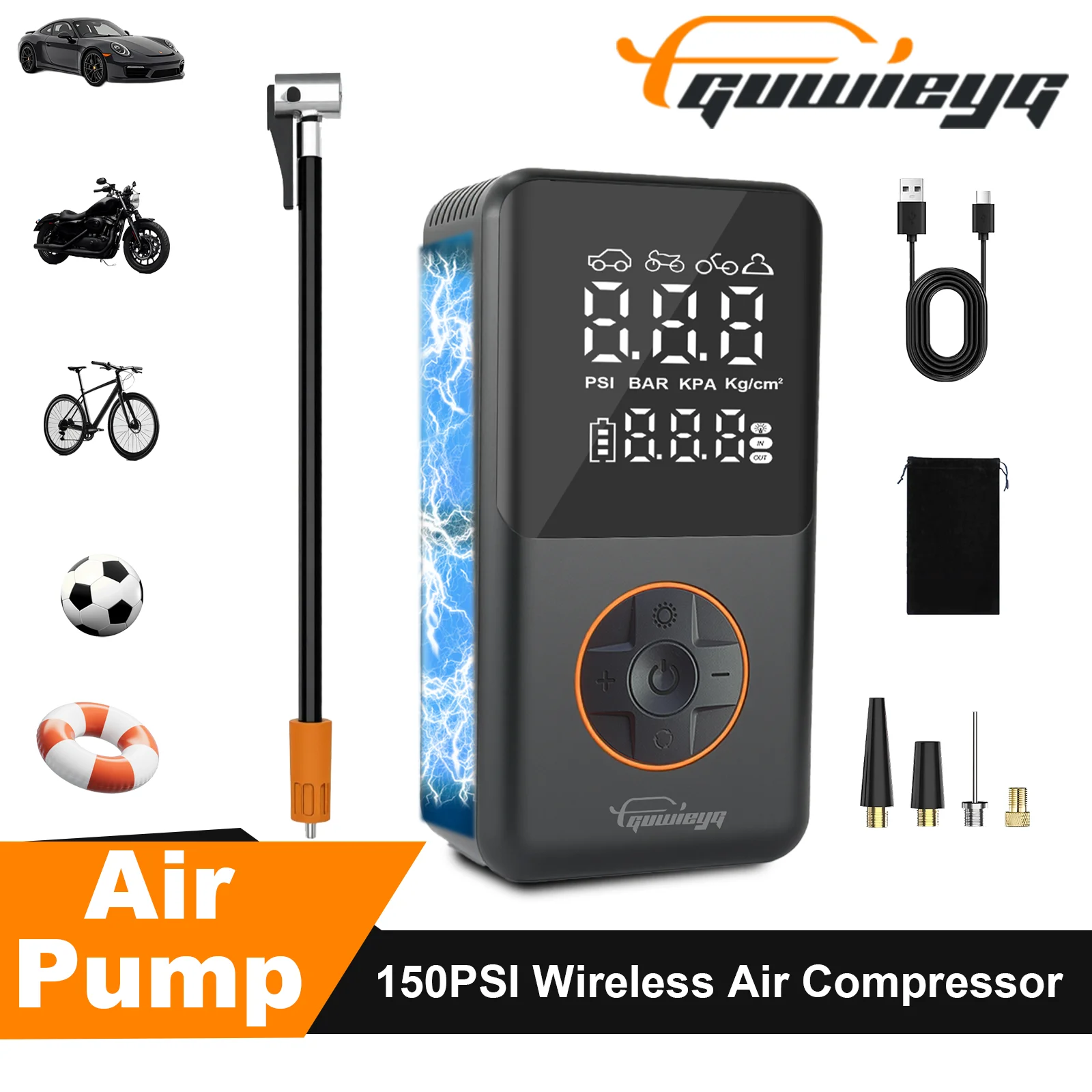 

GUWIEYG воздушный насос портативный беспроводной автомобильный насос для накачивания интеллектуальный цифровой насос для обнаружения давления в шинах для автомобилей, велосипедов