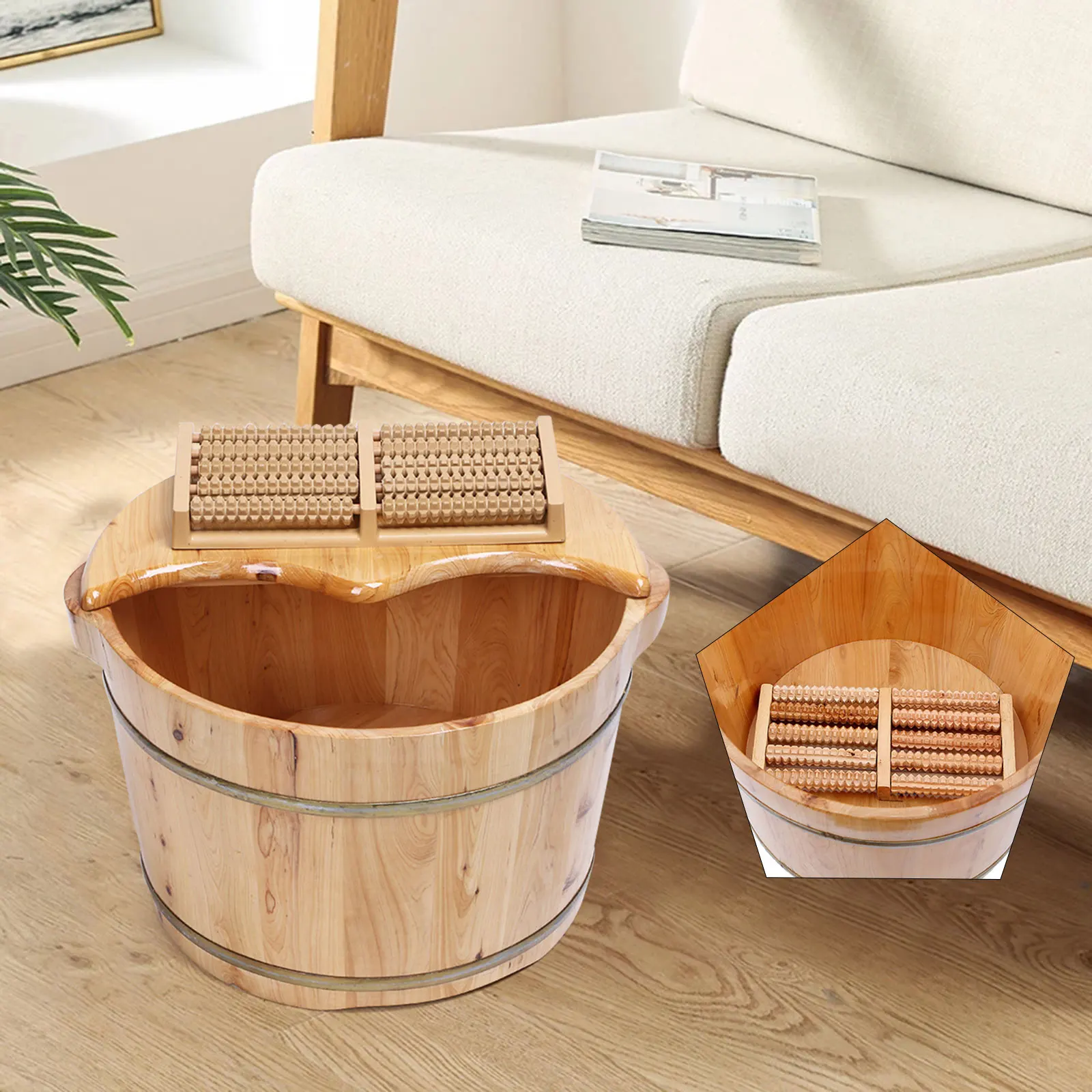 

Portable Foot Bath Bucket Foot Basin Wood Pedicure Spa Bucket With Cover And Plate Massager