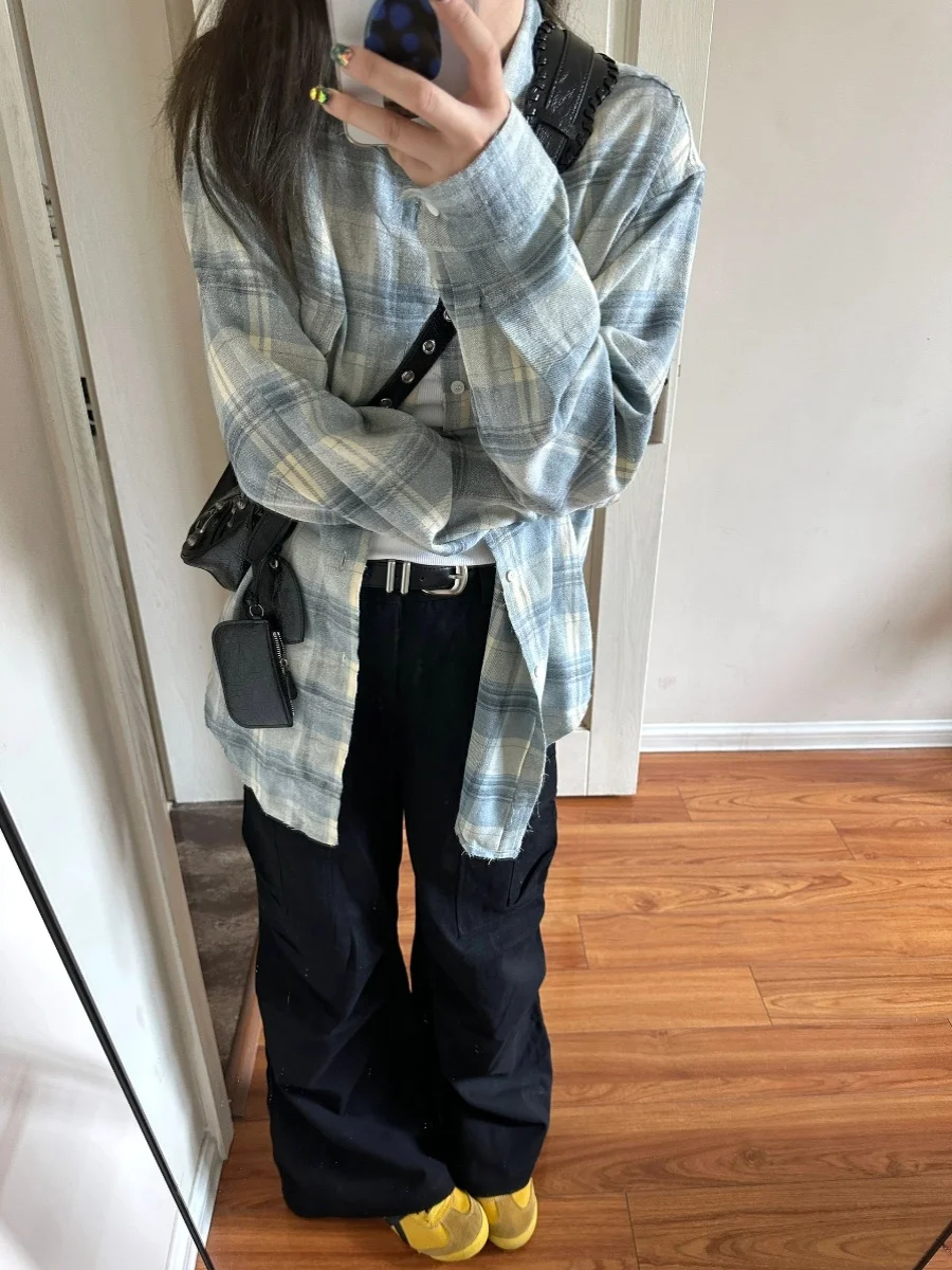 

Loose Women's Plaid irt Spring Autumn Casual Design Outerwear Open Cardigan plus Size Korean Sle Commute Faion