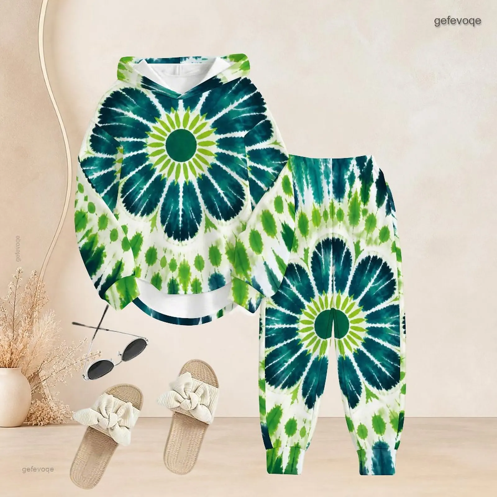 Green Shamrock Clover Paint Splash Print Long Sleeve Hoodie and Cuffed Pants Two Piece Set