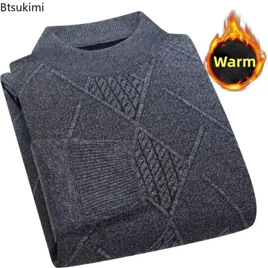 2024 Men\'s Autumn Winter Warm Sweater Solid Pullovers Male Thick Jumpers Knitwear Round Neck Casual Clothing Knitted Sweater Men