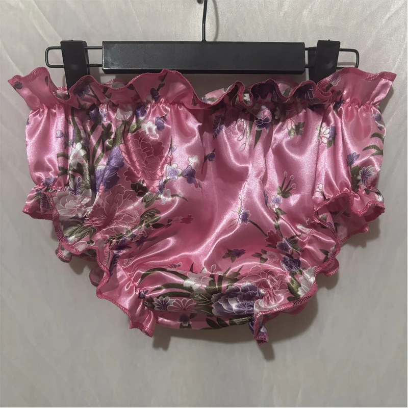 

Men Glossy Floral Ruffles Silky Low Waisted Lingerie Panties Women Plus Size Underwear Sexy Briefs