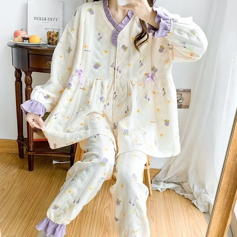 2024 neue Luft Baumwolle schwangere Frauen Pyjamas Herbst Winter Lounge wear Inter layer warme Still kleidung Falbala Frühling Homewear