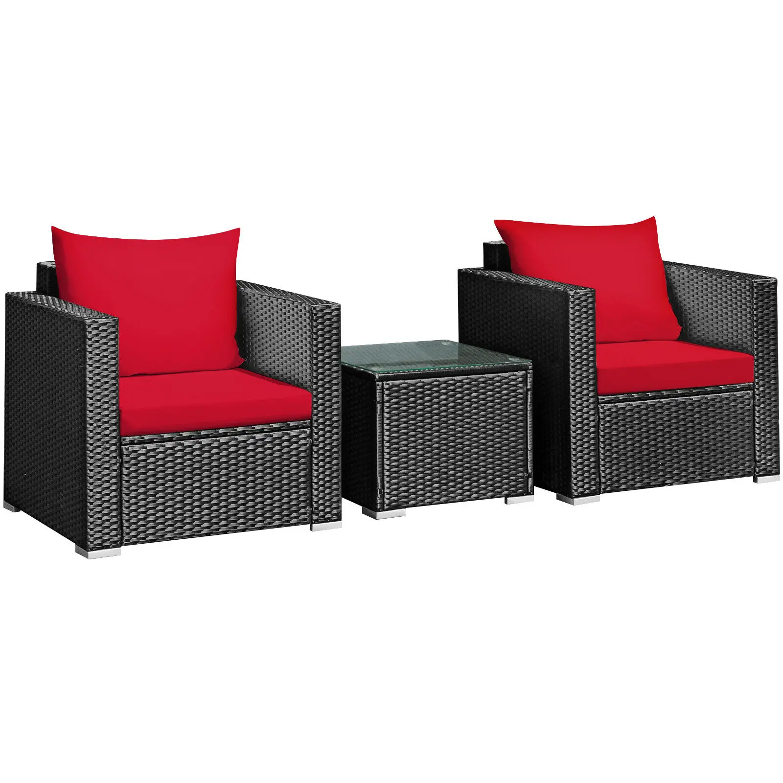 Patiojoy 3PCS Patio Rattan Wicker Furniture Set Sofa Table Cushioned Seat HW66529