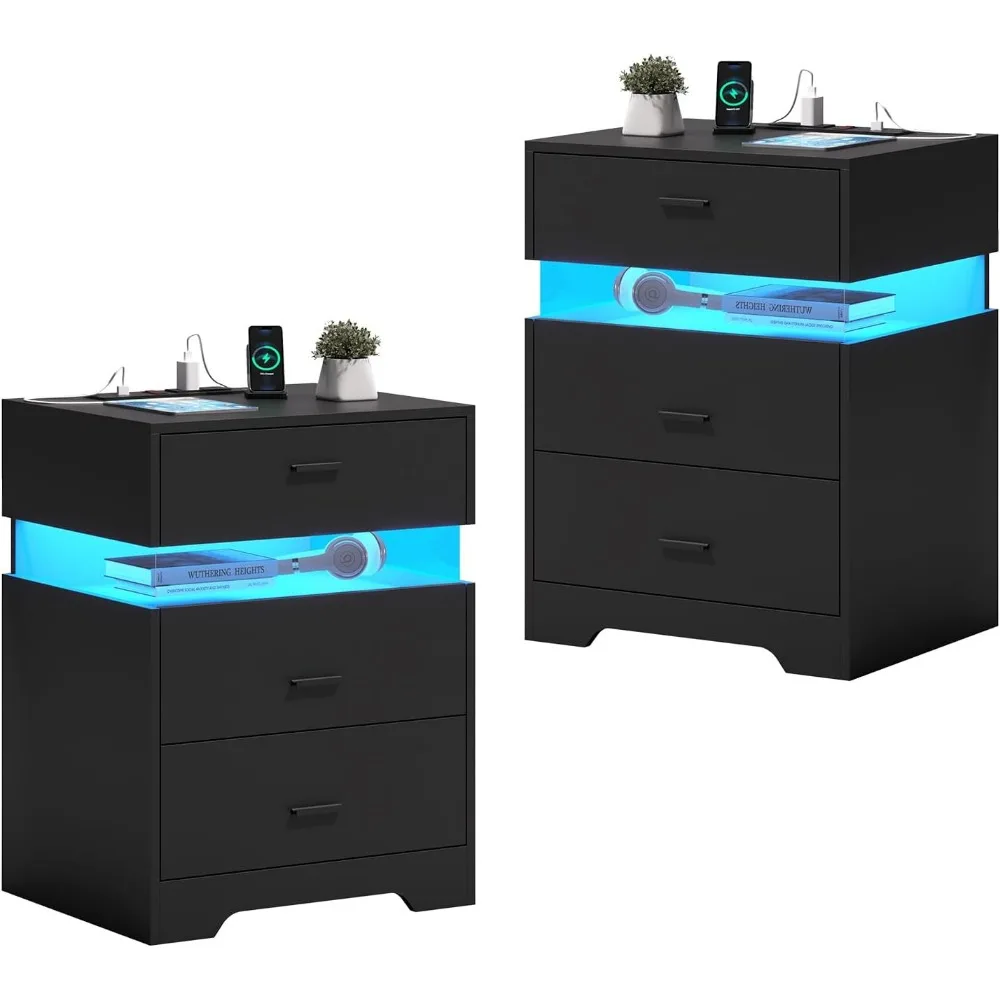 

Black Nightstands Set of 2 with LED Lights, Night Stand Set of 2 with Charging Station, Morden Bedside Table with 3 Drawers, En