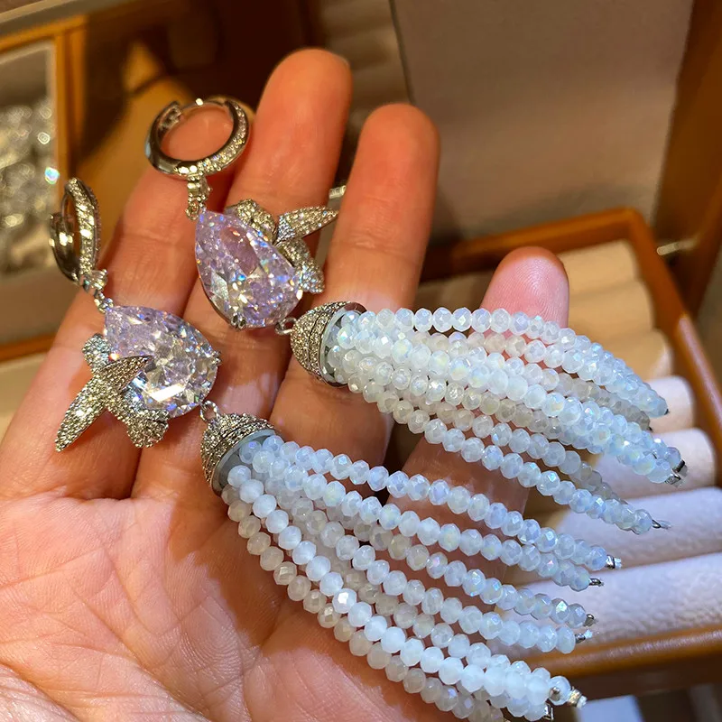 

New Fashion Tassel Pearl Zircon Long Earrings