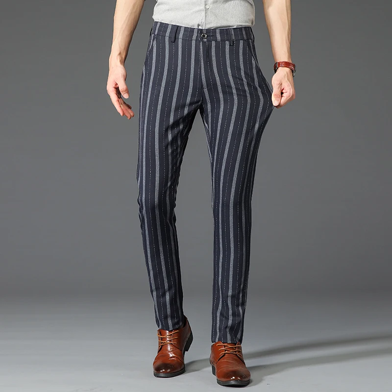 Pantalones largos de negocios para hombre, traje ajustado a rayas elásticas, ropa informal para jóvenes y de mediana edad, novedad de 2024