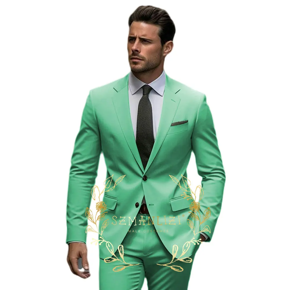 Light Green Casual Suits For Men Slim Fit Single Breasted Groom Tuxedos 2 Pieces Sets Fashion Male Blazer Costume Homme