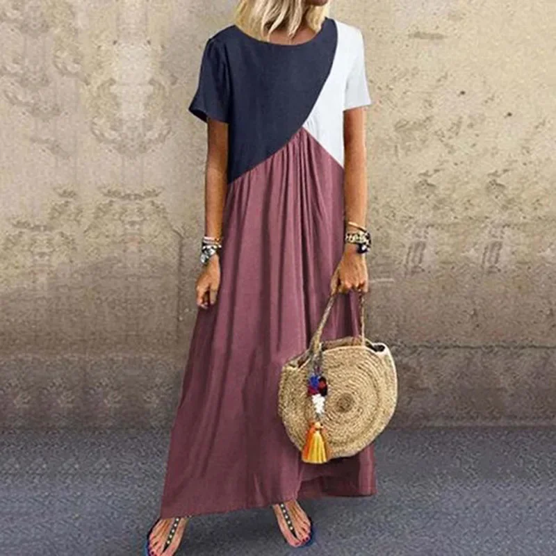 ผู้หญิงเรขาคณิต Bohemian เย็บ Patchwork ความคมชัดแขนสั้น Boho ชุดลำลองยาว Maxi Beach Dresses ขนาดใหญ่