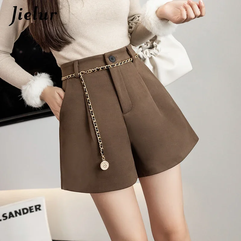 Jielur Woolen Shorts Women Autumn Winter New Korean Chain High Waist Loose Casual A-line Coffee Black Wide Leg Shorts S-XL