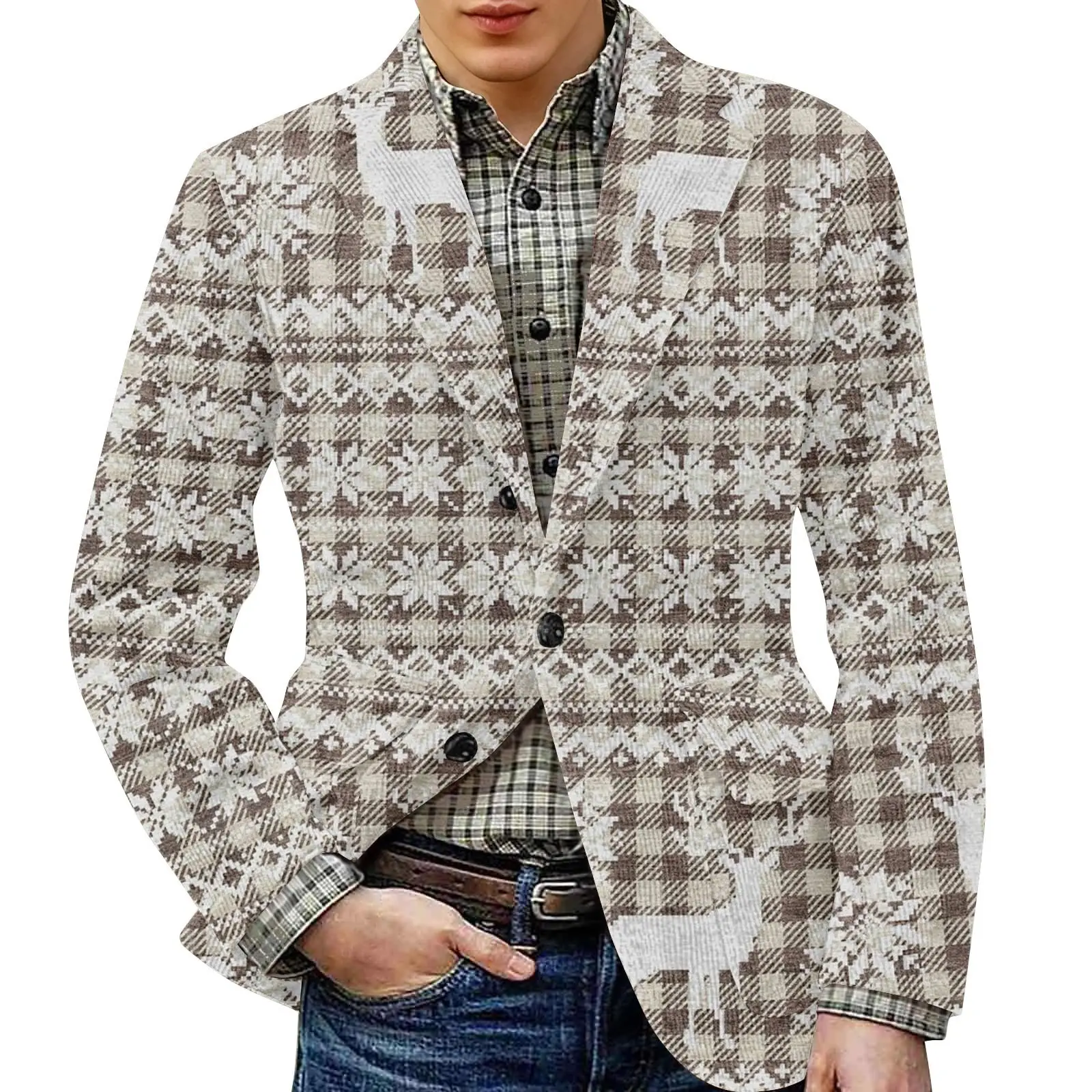 

Мужской пиджак в рождественскую клетку с принтом снежинок, вельветовая повседневная куртка, модная мужская одежда, модный праздничный пиджак для отдыха