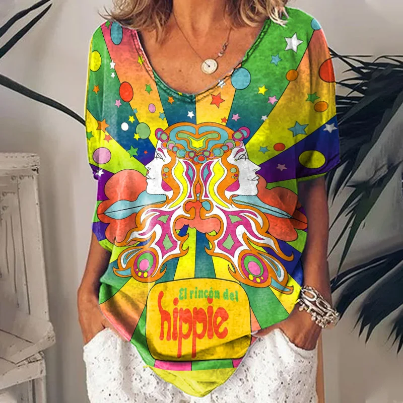 

T-shirts For Women Summer 2024 Hippie Women's T Shirt Sequin Top Fashion Short Sleeve Print Tops Large Size Loose Tees Shirt