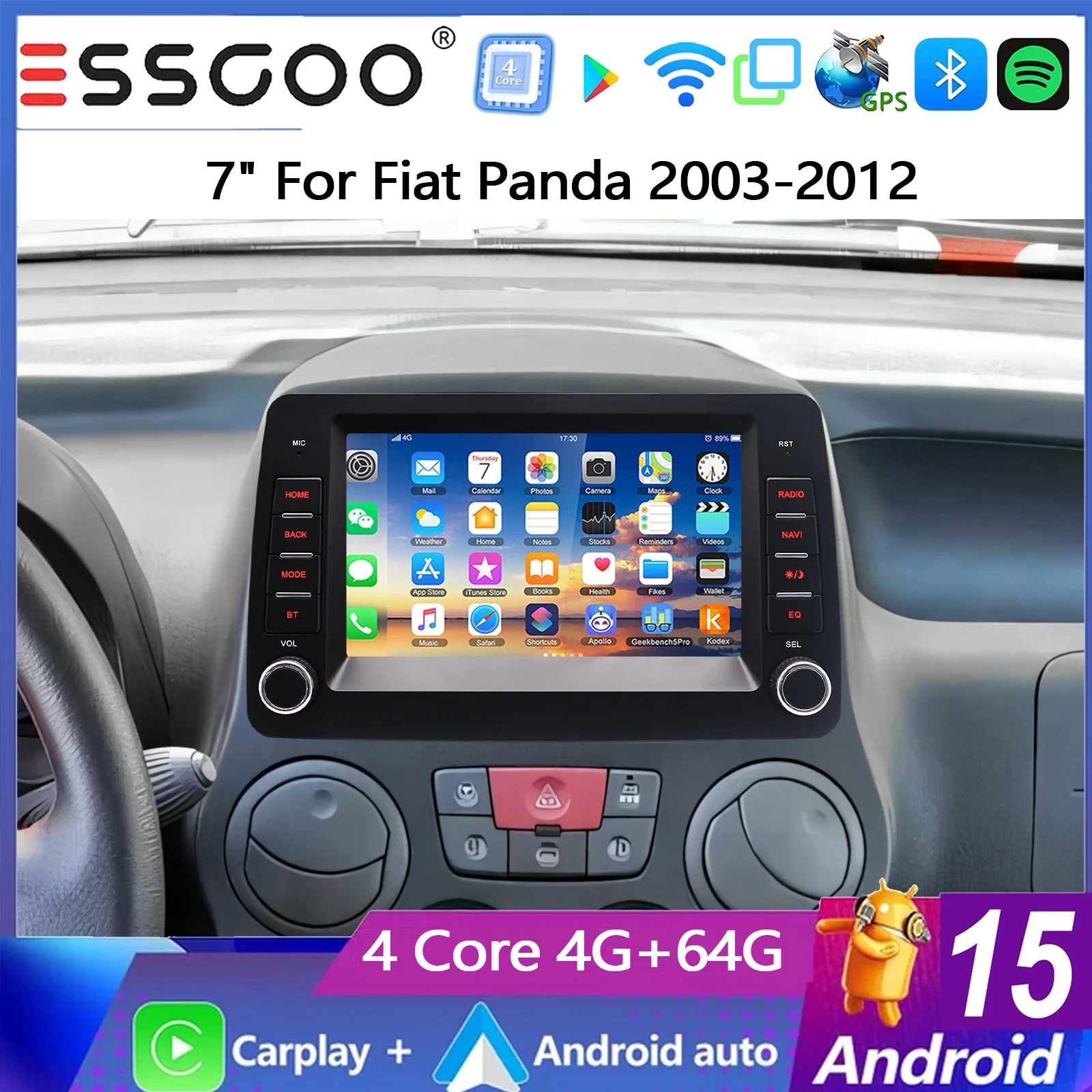 ESSGOO 7 Zoll 4+64G für Fiat Panda 2003-2012 Android 15 Autoradio mit Wireless Carplay, Android Auto, GPS-Navigation, Bluetooth, FM, SWC, Wifi, RDS, ASP, IPS Touchscreen, Mirror Link und Head Unit
