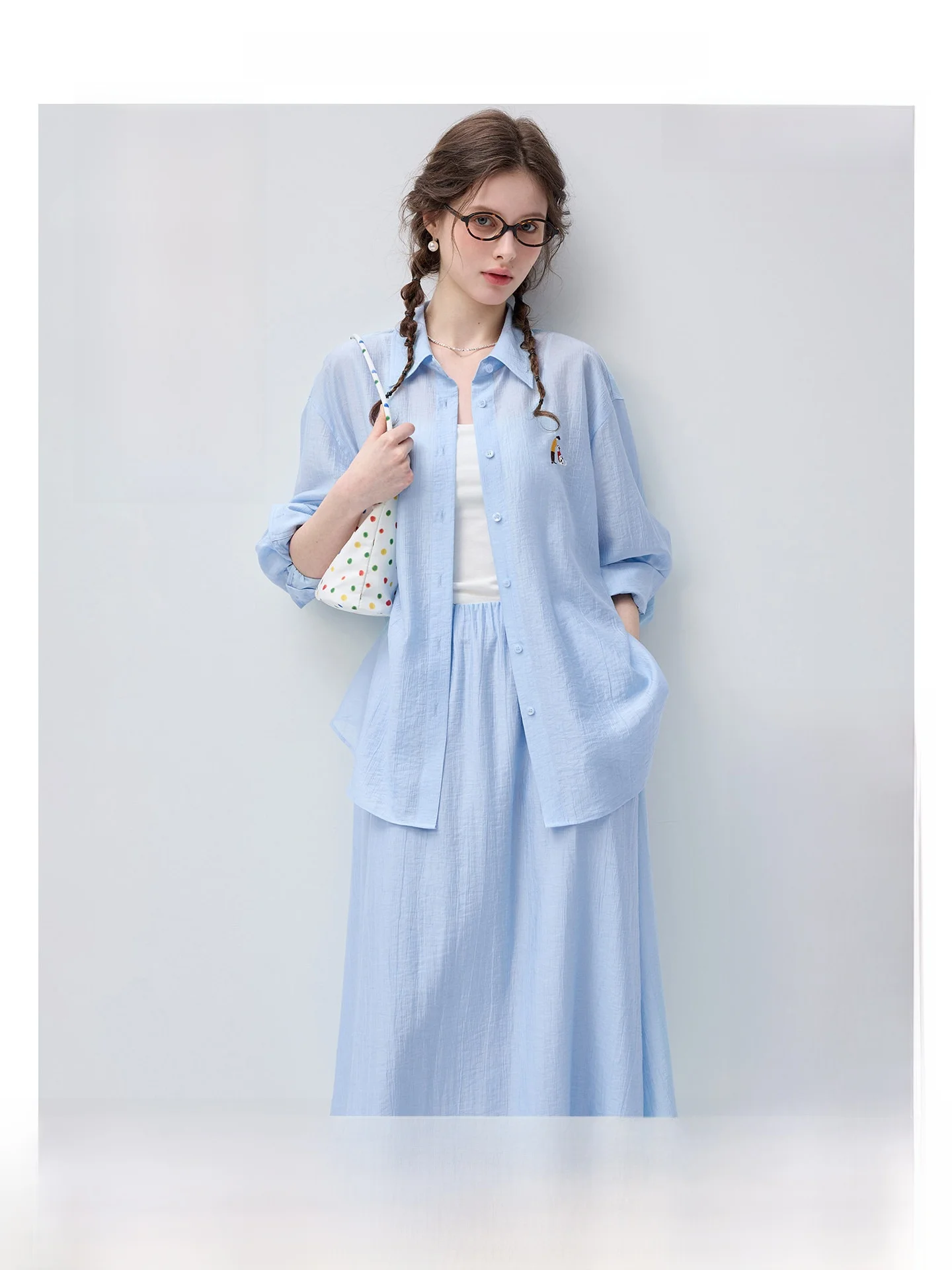 

Light Blue VEGA CHANG Lyrca Summer 2026 Commute Loose Feelings Set High Waist Loose Fit Shirt And Skirt Two-Piece Suit