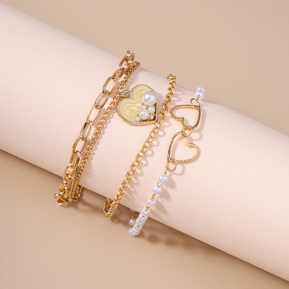 Aihua 3-teiliges Set Trendiges Goldfarbenes Ketten-Perlen-Herz-Armband für Damen, Modisches Mehrlagiges Armband & Armreif, Schmuckgeschenke – Detail 3
