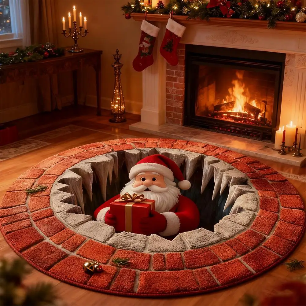 Christmas Decorations 3D Rug Xmas-themed Santa Claus Round Rug Bathroom Waterproof Floor Mat Living Room Bedroom Door Mat New