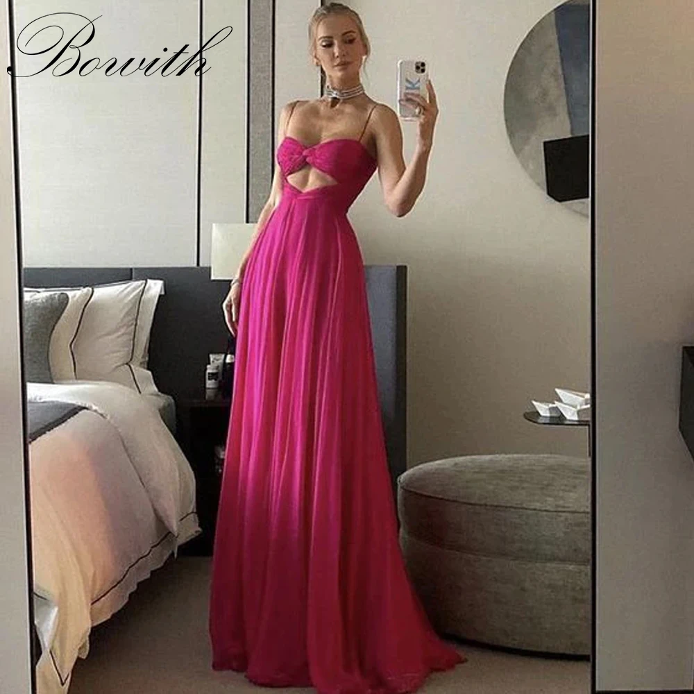 

Bowith Fuchsia Evening Dresses Sexy Spaghetti Straps Soft Tulle Prom Dresses Gown Customized Sweetheart Hollow Out Party Dresses