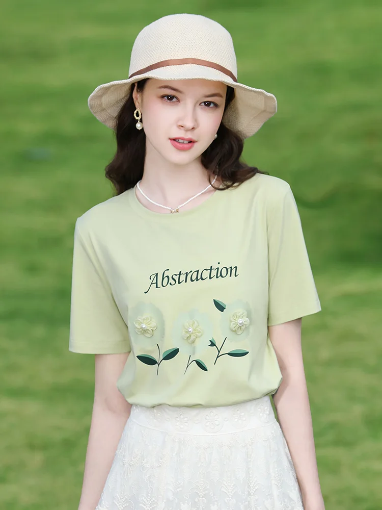 I BELIEVE YOU Green Flower Embroidery Short-sleeved Women T-shirts Blouse Female 2024 Summer New French O-Neck Tops 2242015692