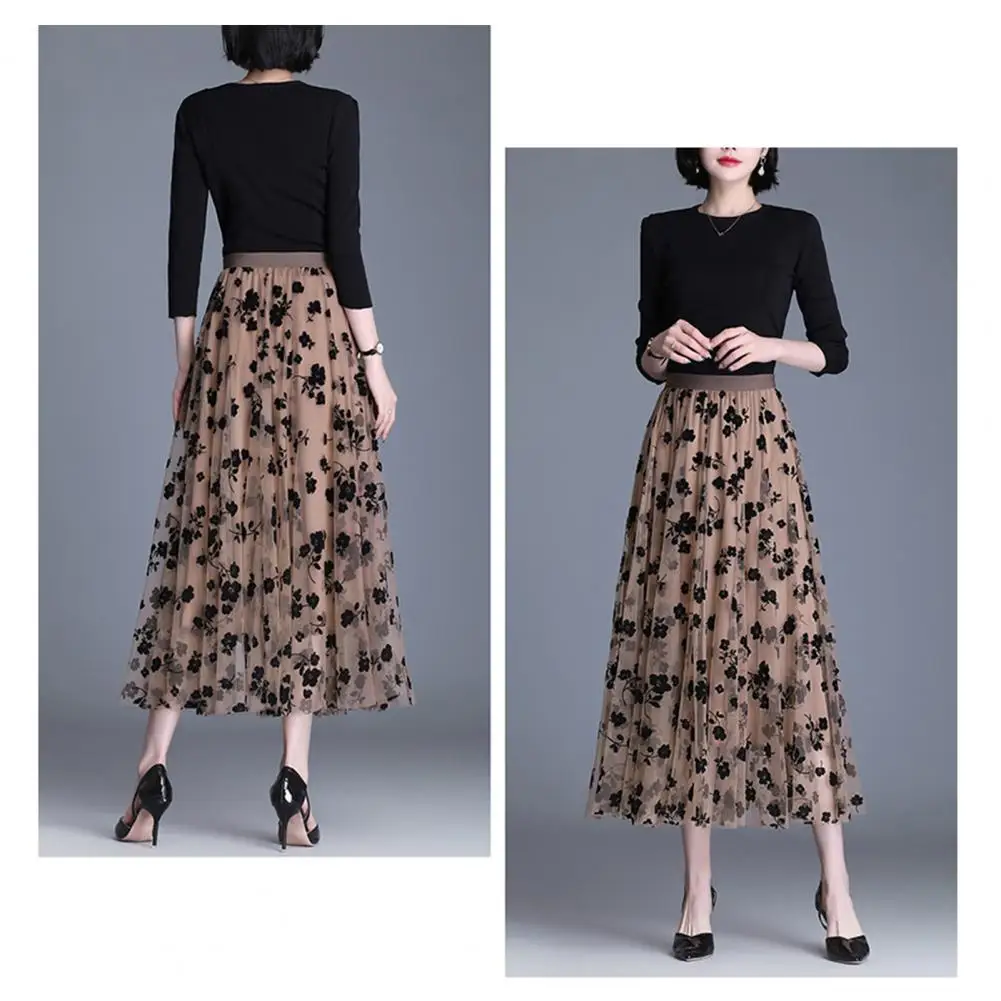 High-waisted A-line Skirt Elastic High Waist Reversible Skirt with Embroidery Flocked Flower Print A-line Style Midi for Daily