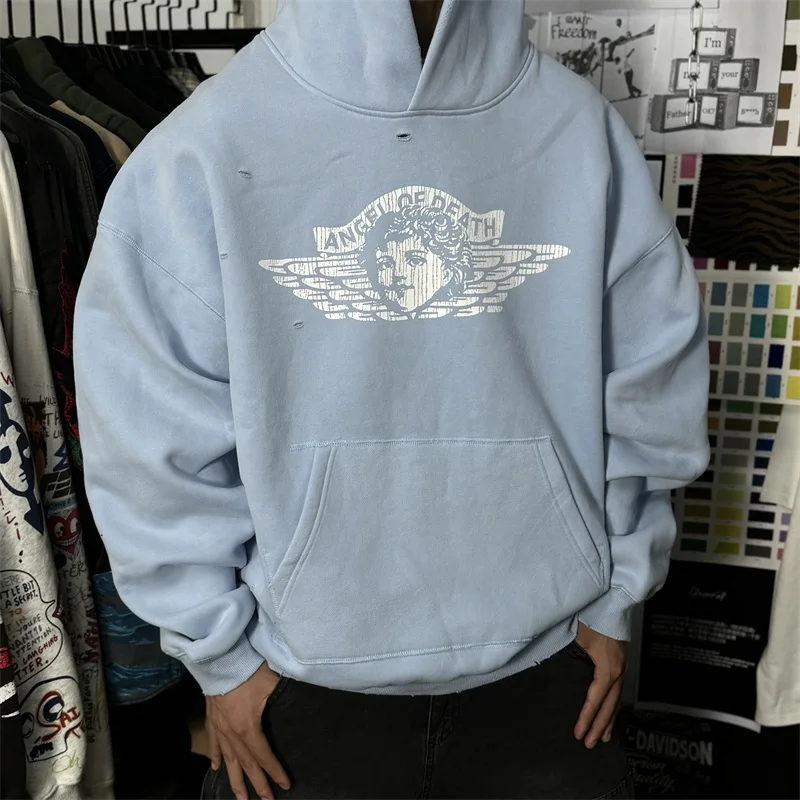 

24ss Washed Blue Angel Saint Michael Hoodie Men Women Pure Cotton Damaged Oversized Hooded Pullovers